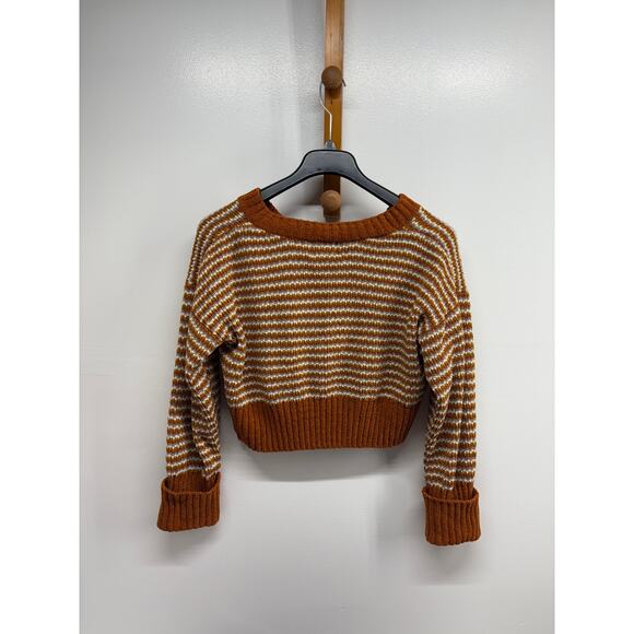 Pink Rose gold brown fuzzy knit cropped women’s sweater Large v-neck pullover - Picture 3 of 7